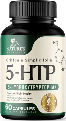 5 cápsulas de hidroxitriptófano – 180 mg por porción Suplemento 5 HTP más calcio para la salud cerebral y apoyo al sueño, fórmula extra fuerte