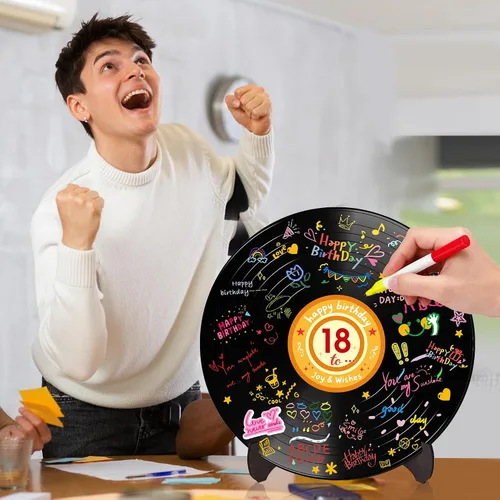 Miniatura 4 de Holkcog Disco de vinilo para decoración de cumpleaños, letrero de arte de graffiti con soporte, libro de invitados de feliz cumpleaños para hombres