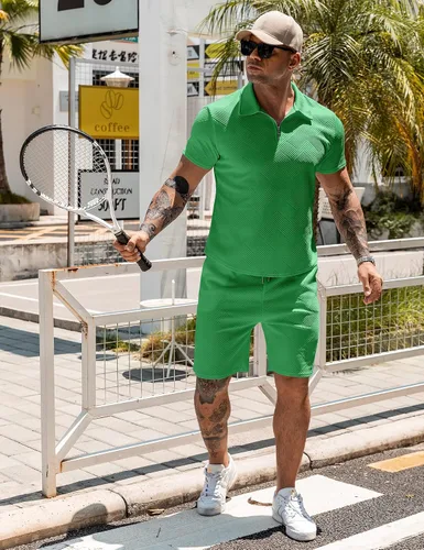 Miniatura 2 de URRU Conjunto de camisa polo y pantalones cortos para hombre trajes de verano a la moda casual manga corta traje polo para hombre 2 piezas