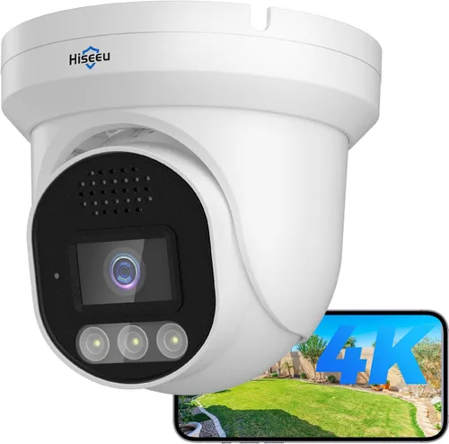 Hiseeu 【4K Ultra HD】 Cámara PoE de 8MP, Cámara IP, Cámara de Torreta Domo con Detección de Vehículos Humanos, Audio Bidireccional, Acceso Remoto