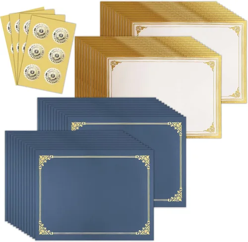 SUNEE Kit de certificado de 75 piezas, 25 soportes para certificados azul marino y 25 papeles de certificado de tamaño carta y 25 sellos de premio