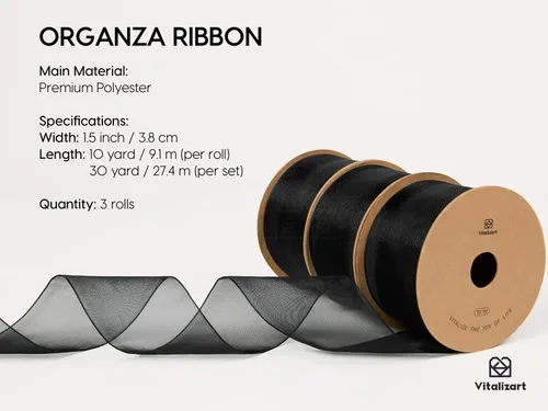 Miniatura 2 de Vitalizart Cinta de organza de 1.5 pulgadas x 30 yardas, cintas transparentes negras para envolver regalos, manualidades, decoración de fiestas