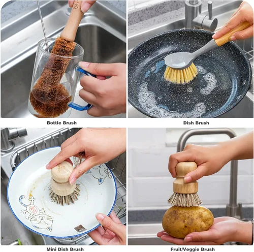 Miniatura 4 de Juego de 4 cepillos de bambú natural para limpiar botellas, con dispensador de jabón de cerámica, cepillos de madera con asas resistentes