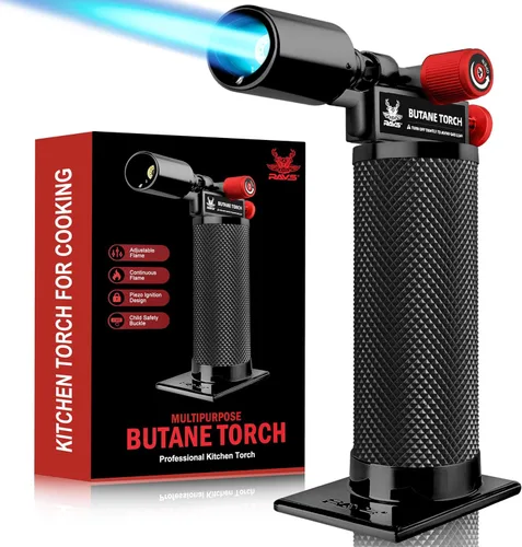Miniatura 14 de RAVS Encendedor de butano, soplete de cocina recargable con llama ajustable y hebilla de seguridad, mini linterna de metal premium para hornear