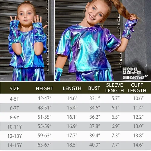 Miniatura 6 de Perfashion Camisas metálicas para niñas con mangas de brazo, top corto brillante para baile, raves, festivales, disfraces de 4 a 15 años