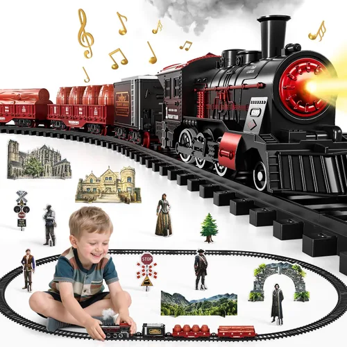 Miniatura 8 de Conjunto de Tren para Niños Pequeños de 2-4 años, Trenes Eléctricos con Vía, Humo, Luz, Sonido y Escena, Conjuntos de Tren de Navidad para Alrededor