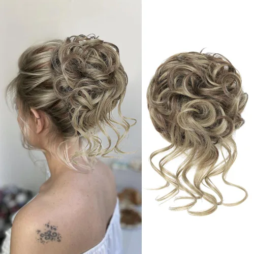 Miniatura 20 de KETHBE Moño desordenado, extensión de moños de pelo despeinado, banda elástica para el cabello, moño rizado para mujeres (negro)