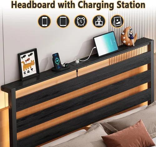 Miniatura 3 de CLIBFENG Base de cama tamaño individual con estación de carga USB, marco de cama LED con cabecera de almacenamiento de madera, cama de plataforma