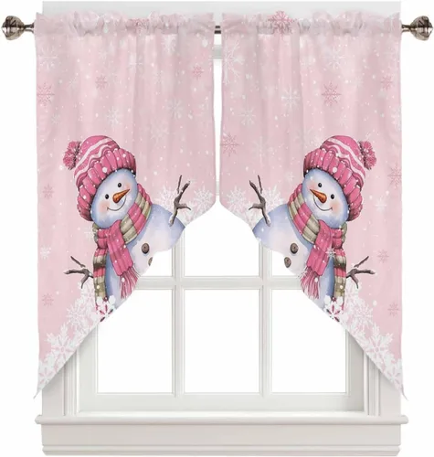 Miniatura 17 de BEMIGO Cortinas de cocina de Navidad, lindas cortinas de granja con muñeco de nieve azul, cenefa con bolsillo para barra de copos de nieve