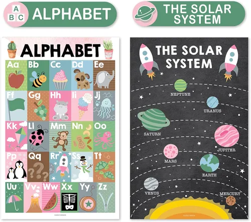 Miniatura 3 de Hadley Designs 4 carteles del alfabeto, mapa de Estados Unidos, mapa del mundo y sistema solar, gráficos ABC laminados para decoración de pared
