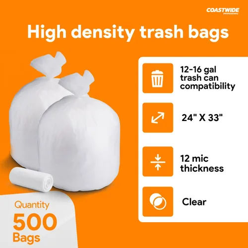 Miniatura 2 de Coastwide Bolsas de basura profesionales de 12 a 16 galones, 24 x 33 pulgadas, alta densidad, 13 micrófonos, naturales, 500 bolsas/caja