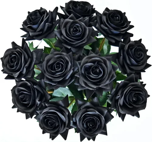 ZMZQ&flw Flores artificiales de rosas negras, 12 unidades, flores de seda de tacto real, flor falsa única realista con hojas de tallos individuales