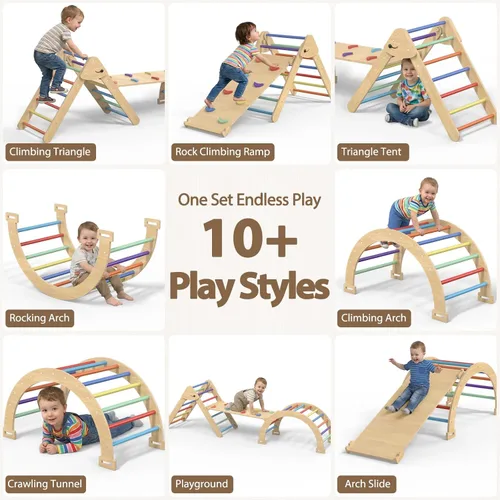 Miniatura 5 de Juego de Triángulo Pikler Grande, Juguetes de Escalada para Niños Pequeños 7 en 1 para Interiores, Juego de Escalada Montessori de Madera con Arco