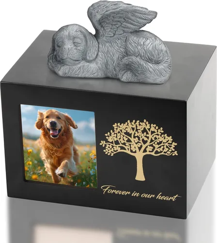 Urna de mascota para cenizas de perro, caja de madera negra para cenizas, caja de cenizas de mascotas con bolsa de ángel y cenizas de perro