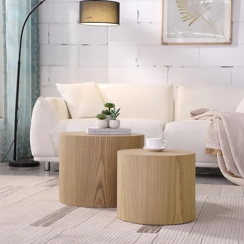 Miniatura 8 de Juego de 2 mesas auxiliares redondas, mesa auxiliar anidable y mesa auxiliar de madera con tambor circular pequeño para sala de estar, oficina, sin