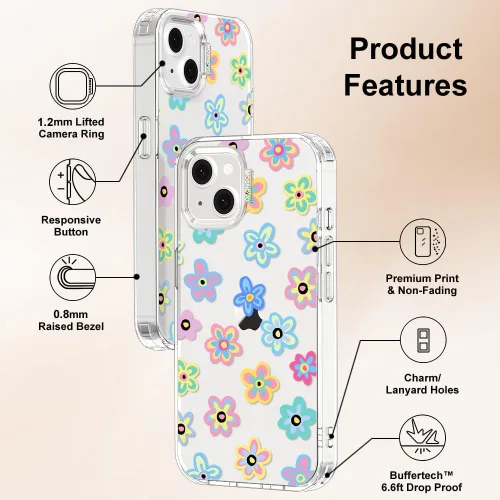 Miniatura 7 de MOSNOVO Funda para iPhone 13/14, grado militar, probada en caídas de 6.6 pies, transparente con diseño de flores geniales Transparente - Groovy