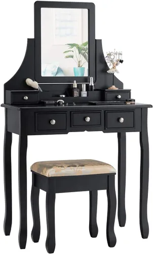Miniatura 12 de CHARMAID Juego de tocador de maquillaje con espejo y taburete acolchado, tocador con 5 cajones y organizadores de almacenamiento extraíbles, mesa