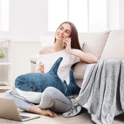 Miniatura 6 de HyDren Juguete de peluche 2 en 1 de tiburón con manta de 32 pulgadas, manta de almohada de peluche gigante grande y grande, muñeca suave para bebés