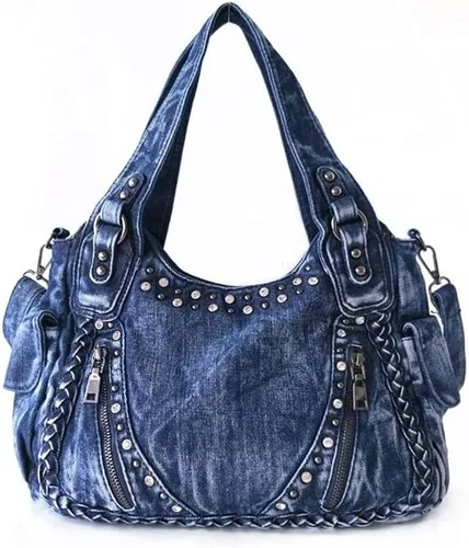Bolso Hobo de mezclilla para mujer, bolsos de mezclilla, bolso de hombro, remache tejido vintage, bolso de mano casual, bolso cruzado, Azul
