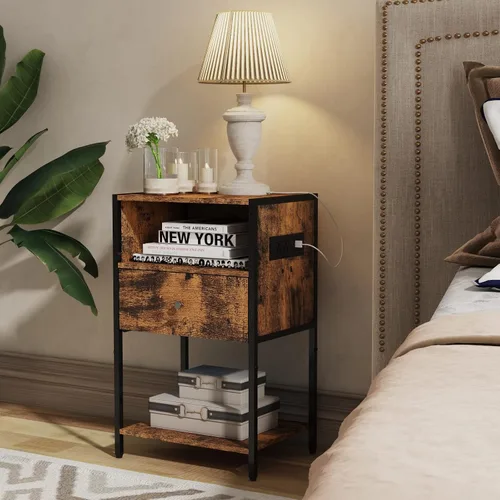 Miniatura 4 de LDTTCUK Mesita de noche con estación de carga, moderna mesa auxiliar con cajón, mesita de noche con almacenamiento abierto para dormitorio, marrón