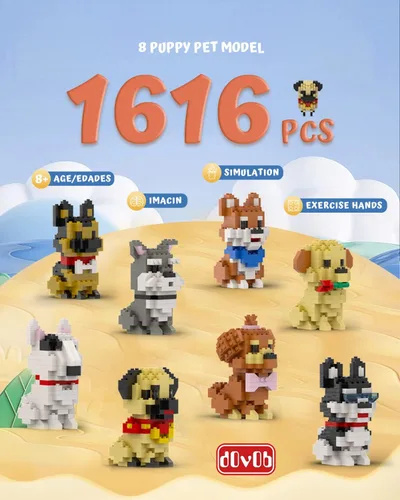 Miniatura 3 de dOvOb Micro Mini Blocks 8 en 1 juego de perros, 1616 piezas de ladrillos, colección de rompecabezas 3D, juguetes de modelo animal como regalo
