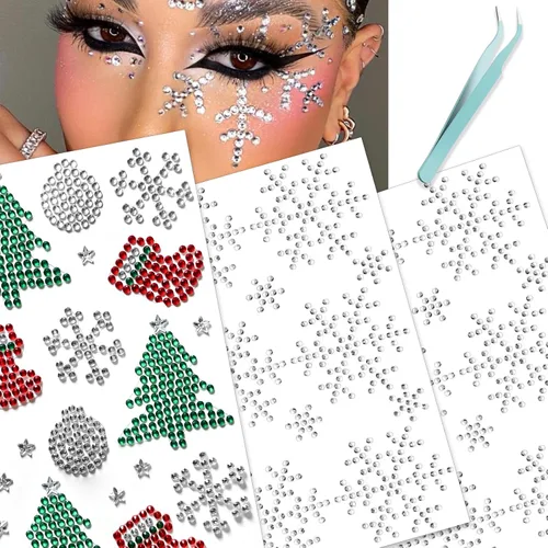 NOOEPC Gemas faciales de Navidad, accesorios para rave, maquillaje de Navidad, copos de nieve, joyas autoadhesivas para la cara, joyas de ojos,