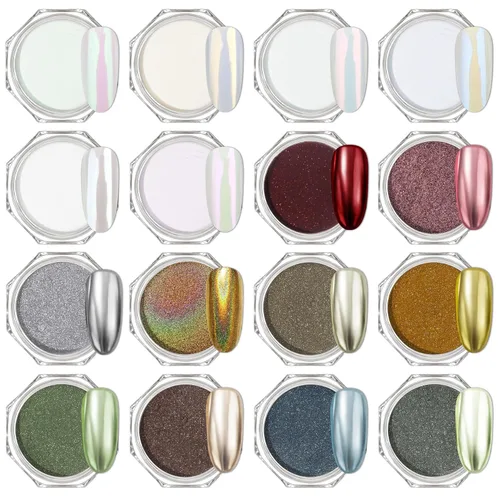 Artdone 16 tarros de polvo de uñas cromado, kit de perlas blancas mágicas, efecto espejo de color, plata y oro, materias metálicas, polvo