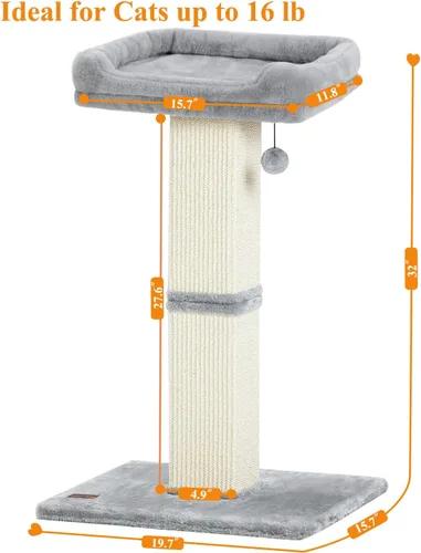 Miniatura 6 de Karolpar Rascador de gato de 32 pulgadas para gatos de interior, rascador de sisal para gatos con percha de felpa, poste grande para rascar con Gris