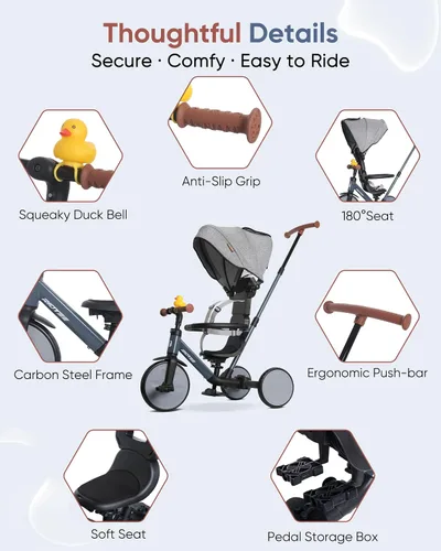 Miniatura 6 de RIDYEE Triciclo 8 en 1 para 1.5-5 años, interruptor sin herramientas, triciclo para niños pequeños con mango de control de dirección para padres