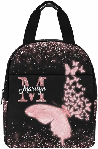 Miniatura 19 de InterestPrint Bolsa de almuerzo con nombre personalizado para hombres y mujeres, diseño de mariposa rosa y azul personalizada, caja de almuerzo