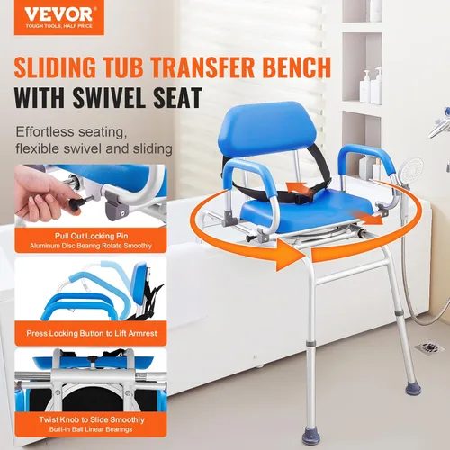 Miniatura 2 de VEVOR Banco deslizante de transferencia de bañera con asiento giratorio de 360 grados, silla de ducha deslizante con reposabrazos pivotantes