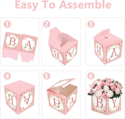 Miniatura 4 de TSVATE Decoraciones de cajas rosas para baby shower, 4 cajas de centro de mesa de baby shower, decoración de centro de mesa de primer cumpleaños