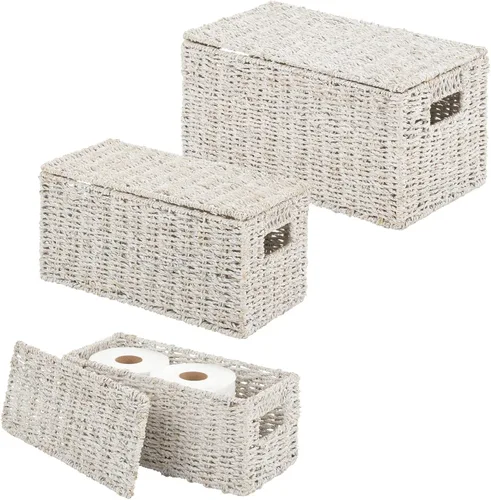 mDesign Cesta organizadora de almacenamiento de algas marinas de tejido natural con tapas extraíbles para usar en armario, dormitorio, baño,