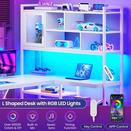 Miniatura 9 de SEDETA Escritorio para Computadora en Forma de L, Escritorio de Oficina de 58'' con Luz LED y Estantería, Escritorio de Esquina en Forma de L