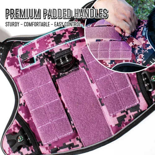 Miniatura 2 de Arnés táctico para perros medianos y grandes, camuflaje morado, control ajustable sin tirones con asa, chaleco reflectante resistente, talla M