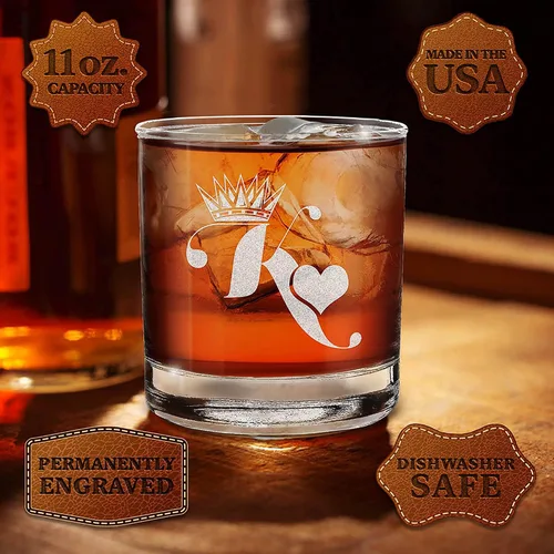 Miniatura 2 de shop4ever® King & Queen of Hearts - Juego de regalo para parejas, vaso de whisky grabado y copa de vino sin tallo, set de regalo para él y ella