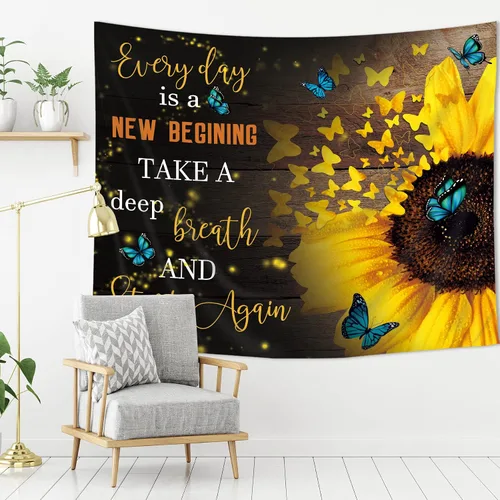 Miniatura 4 de AMBZEK Tapiz de girasol amarillo de 51 pulgadas de alto x 59 pulgadas de ancho, mariposa, floración floral, planta de primavera, marrón, rústico