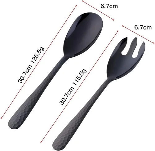Miniatura 6 de Juego de cuchara y tenedor de ensalada, 12 pulgadas, acero inoxidable, utensilios de servir negros, aptos para lavavajillas, paquete de 2
