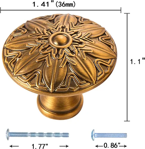 Miniatura 2 de Paquete de 10 tiradores y perillas redondas para cajones, 1.4 pulgadas (1.417 in), pomos de gabinete de latón antiguo, pomos de gabinete urbano