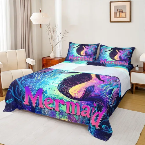 Miniatura 30 de Erosebridal Sábanas de sirena azul para niñas, juego de sábanas de unicornio lindo tamaño matrimonial, 4 piezas para niños, sábanas de arcoíris