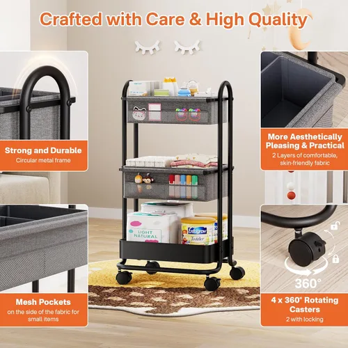 Miniatura 3 de Modanais Carrito organizador de pañales para bebé, carrito de almacenamiento rodante de 3 niveles con ruedas, artículos esenciales para bebé