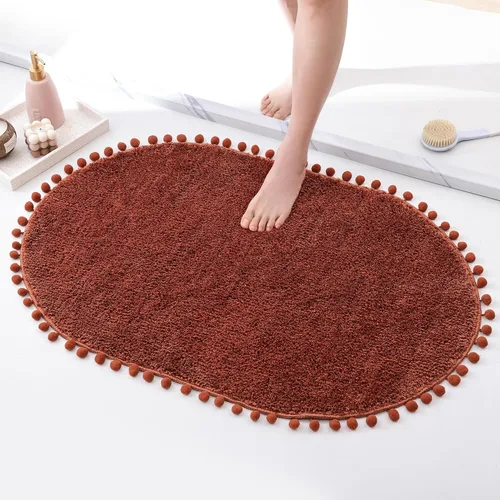 Miniatura 14 de YIRDDEO - Alfombra de baño verde oliva con pompones para baño, antideslizante, linda alfombra de baño boho con pompones ovalados absorbentes