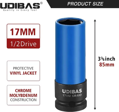 Miniatura 4 de Llave de tuerca de impacto de 17 mm de 1/2 pulgada, profunda, métrica, con fundas protectoras y material CR-MO de alta resistencia que no deja marcas