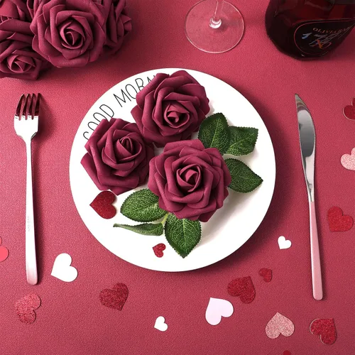Miniatura 7 de 150 rosas artificiales a granel, rosas falsas con tallo largo, ramos de flores artificiales para bricolaje, centros de mesa, arreglos de mesa