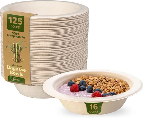 Miniatura 13 de GUSTO Cuencos de papel resistentes 100% compostables de 12 onzas (paquete de 125) de caña de azúcar desechable ecológica, papel kraft