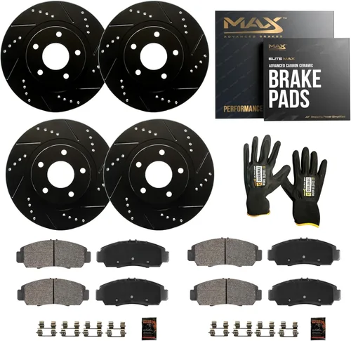 Max Advanced Brakes - Kit de freno delantero y trasero, repuesto, rotores de freno de disco negros perforados, ranurados y recubiertos, y pastillas