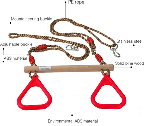 Miniatura 9 de PELLOR - Barra de trapecio de madera para juegos infantiles con anillos de gimnasio de plástico, juego de columpio para diversión en interiores