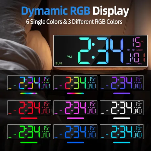 Miniatura 4 de LEIKE Reloj de pared digital grande de 16.2 pulgadas con control remoto, LED grande, alarma dual, 8 colores RGB, brillo automático, fecha, DST