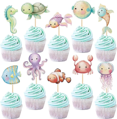 Miniatura 21 de 40 piezas comestibles bajo el mar, sirena, cupcakes, algas, pulpos, estrellas de mar, cupcakes, lindos animales del océano, selecciones de alimentos