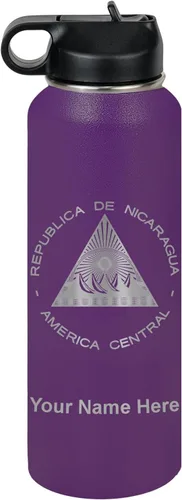 Miniatura 52 de LaserGram Botella de agua personalizada, bandera de Nicaragua, acero inoxidable de doble pared aislada al vacío con popote superior, regalo grabado